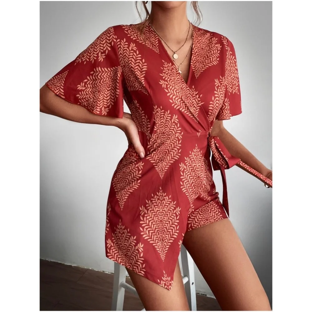 031  Boho Tropical Butterfly Sleeve Romper - Picture 2 of 6